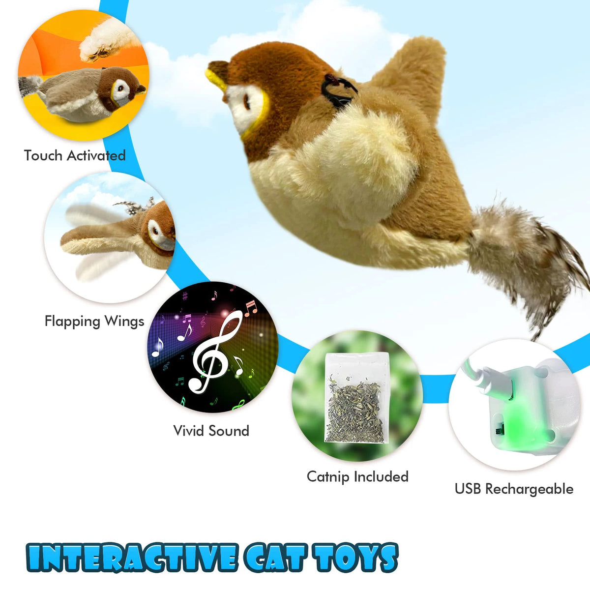 Smart Electric Rechargeable Plush Flapping Bird Toy for Cats Touch Activated Sparrow Interactive Cat Toy